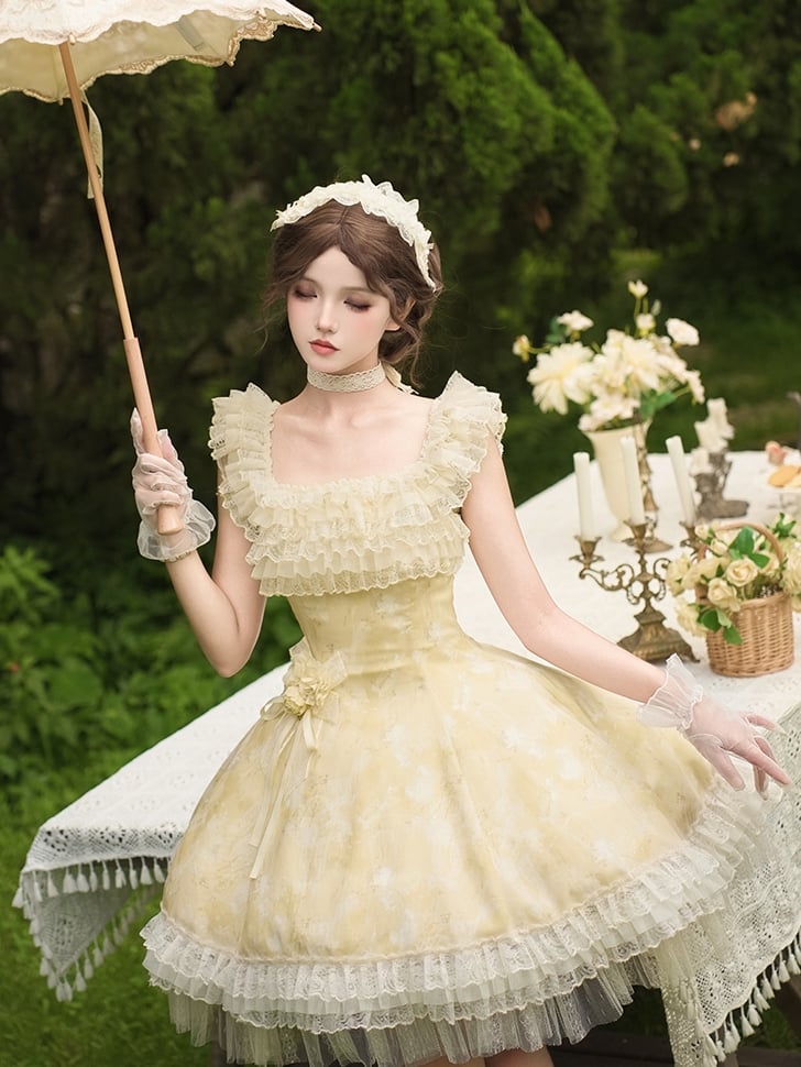 Light Yellow Butterfly Floral Print JSK Dress Set - With PUJI