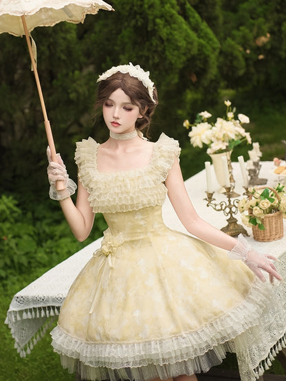 Butterfly Print Light Yellow Versatile Neck Lolita JSK Dress with Detachable Shoulder Straps - With PUJI