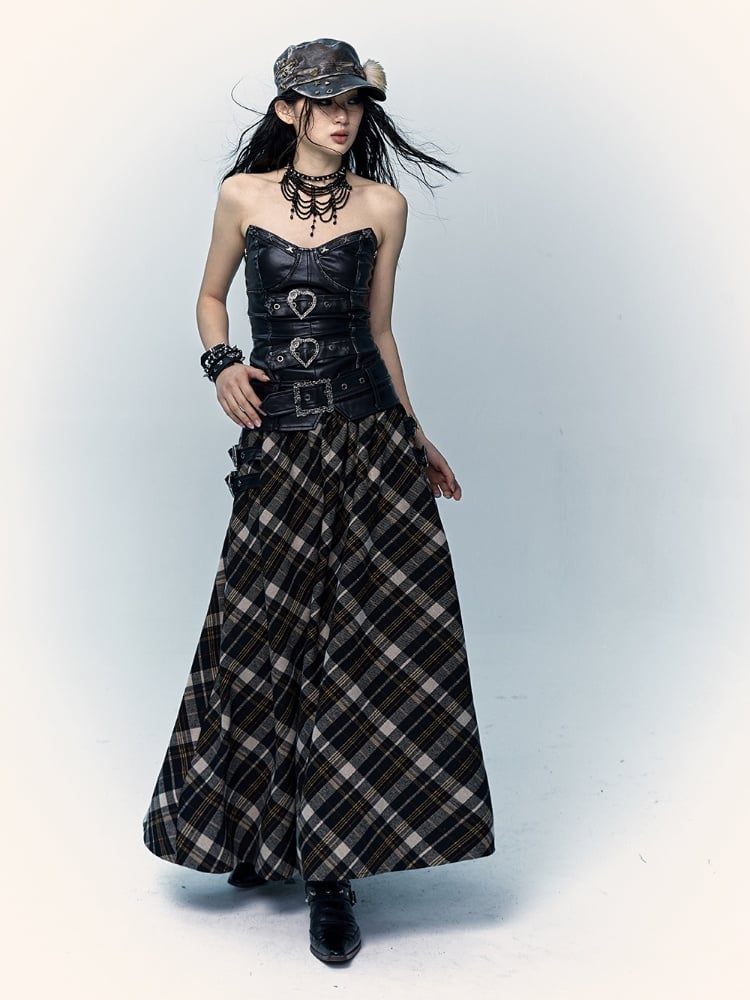 Black and Brown Plaid Ankle Length Skirt