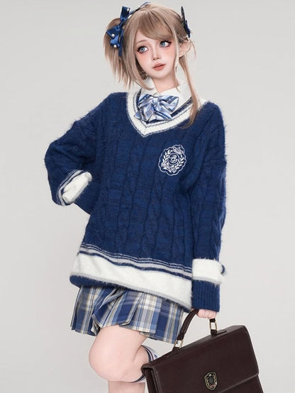 レッド/ブルー/ホワイト Vネック プレッピースタイル ルーズセーター