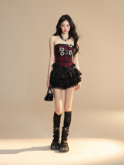 Schwarz kariertes Strassschnallen Spitzenbesatz Glamouröses trägerloses Top Rot