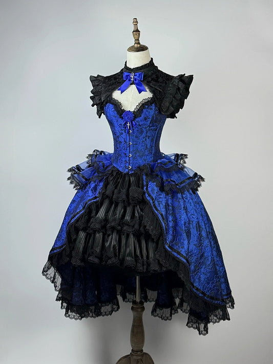 Gothic Lolita Boned Corset Top with Tiered Skirt and Collar in Klein Blue and Black - Somnium Isle