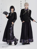 Lunar Embroidery Cross Style Long - Phase Cheongsam Top Collar Sleeve Black Unisex