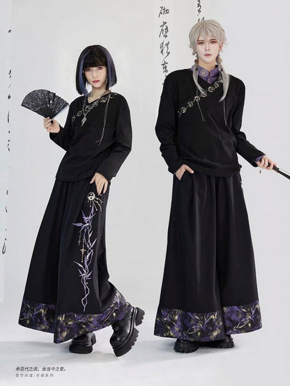Lunar Embroidery Cross Style Long - Phase Cheongsam Top Collar Sleeve Black Unisex