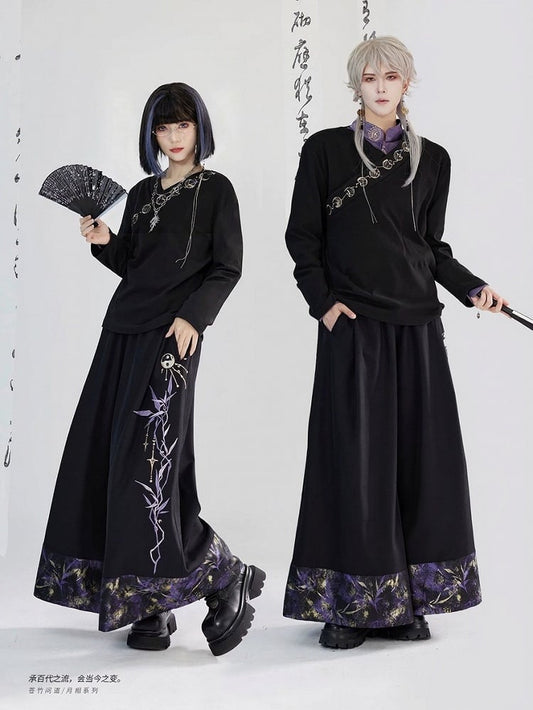 Lunar Embroidery Cross Style Long - Phase Cheongsam Top Collar Sleeve Black Unisex