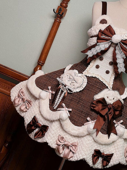 Applikationen Süßes Plüsch Herzchen und Akzente mit Braunen Details Schleife Kleid Lolita Weiß