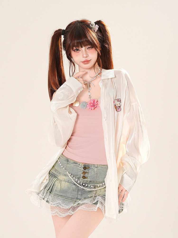 ハートピンク/アプリコットサンプロテクションシャツ フリルバックリボンディテール