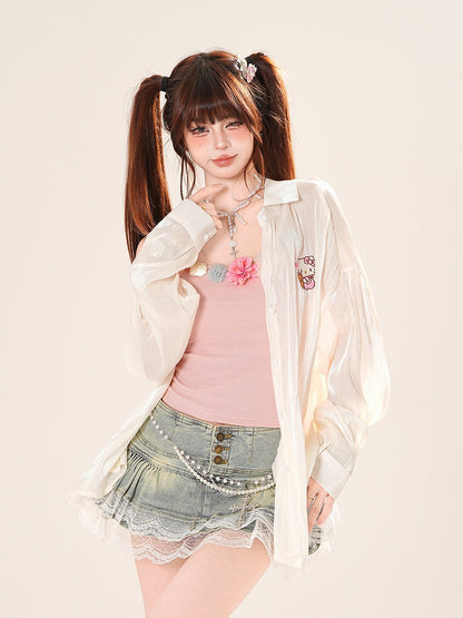 ハートピンク/アプリコットサンプロテクションシャツ フリルバックリボンディテール