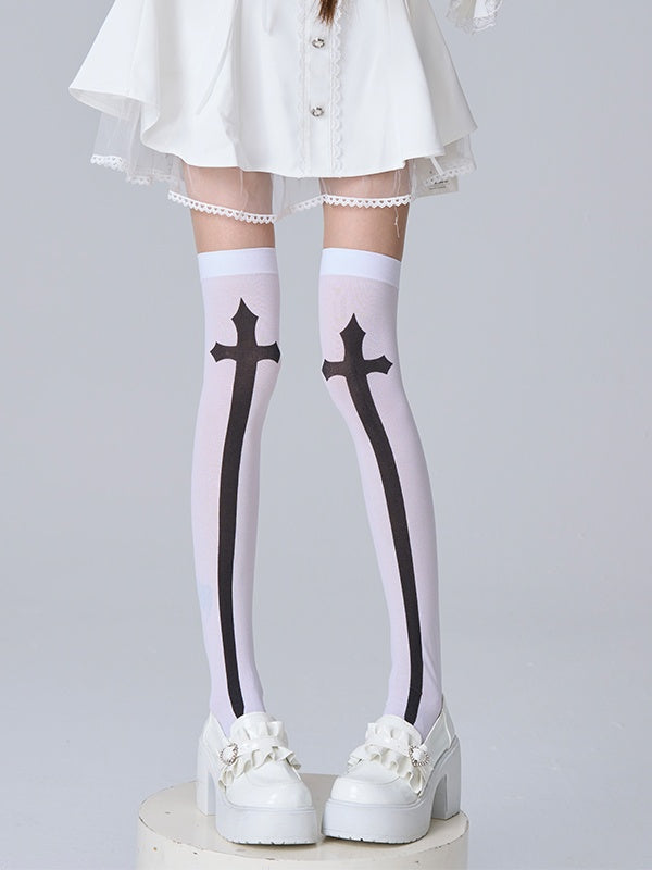 Black/White Print Cross Stockings Over Knee