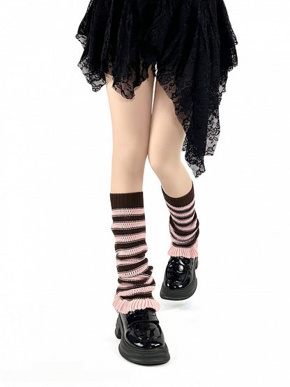 Black Warmers with Pink / Leg Knitted White Flared Pattern Striped Brown Ruffles