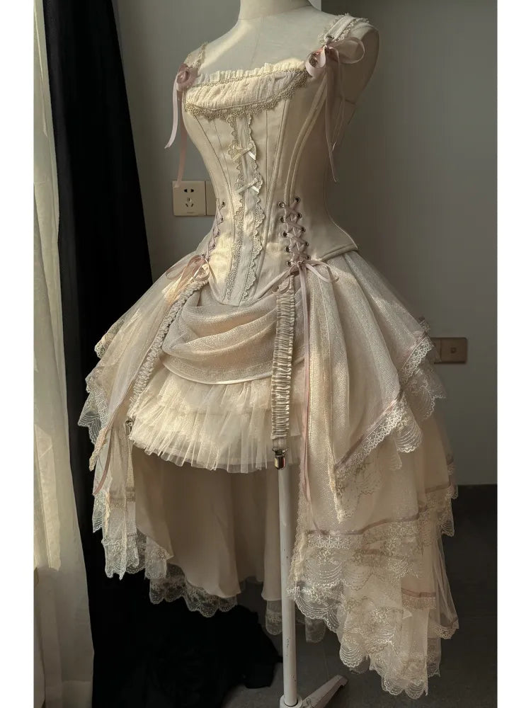 シャンパンレースアップディテールボーンコルセットトップ+ハイローレイヤードロリータスカートBE002