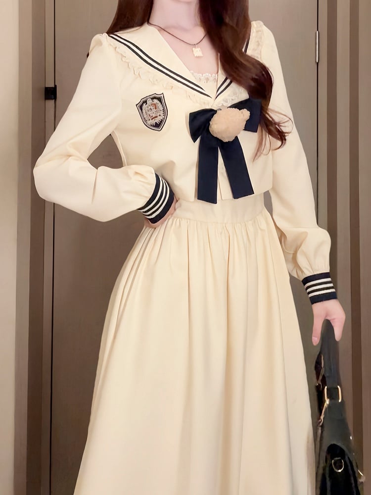 Blue Lolita Long-Sleeve Maxi Beige + Dark Top Dress Collar Set Sailor