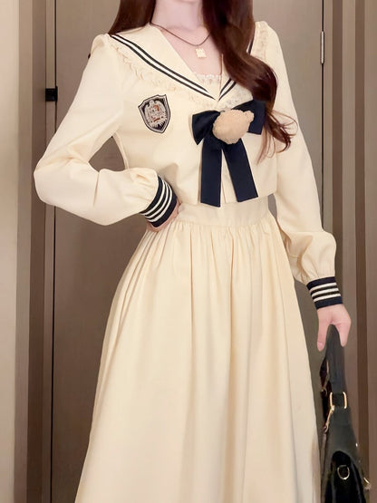 Blue Lolita Long-Sleeve Maxi Beige + Dark Top Dress Collar Set Sailor