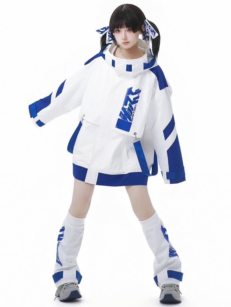 Blue and White Jirai Kei  Techwear Straps Design Hooded Windbreaker Jacket