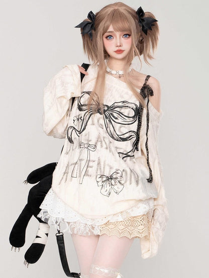 グレー/ミルクホワイト ボウコント アシンメトリーネックライン トップス