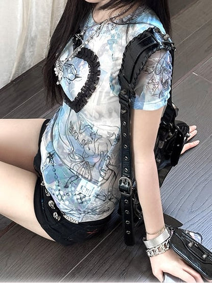T-Shirt Blue Sweetheart Ruffle Graphic Mesh