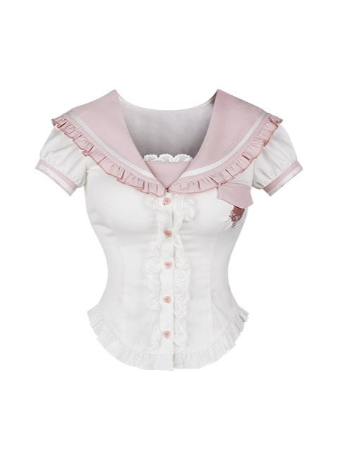 Blouse Sailor Button with Sleeve White Lace-Trimmed Placket Puff Collar