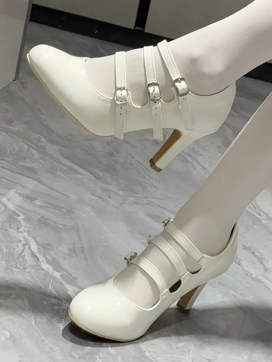Strap Lolita White Heels Triple with Buckle Elegant Design Polished