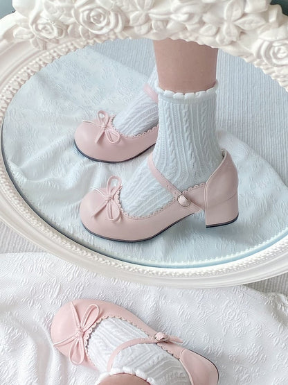 Bow Shoes Sweet Pink 5cm with Scalloped Trim Decor Mid-heel Lolita