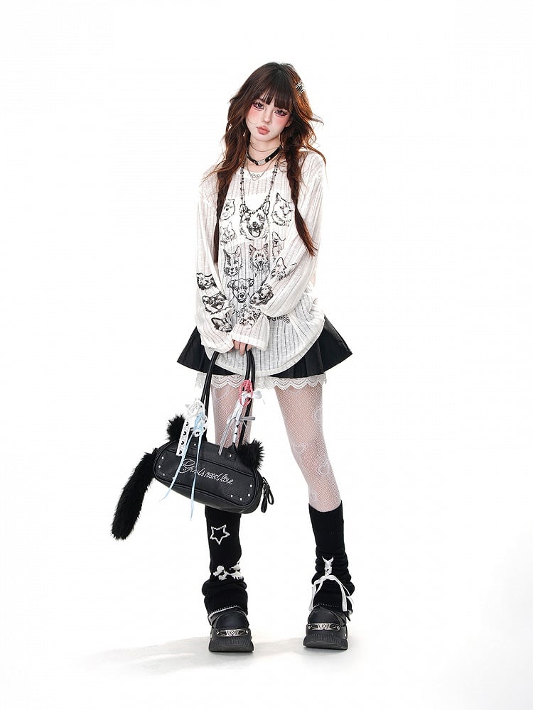 Schwarz/Beige, halbtransparentes, lockeres Oberteil mit Rundhalsausschnitt und Welpen- und Kätzchenmotiv