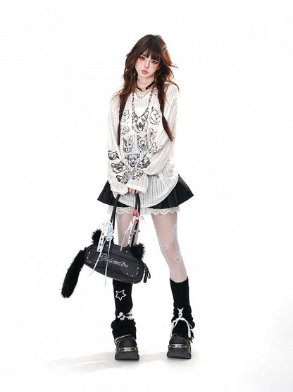 Schwarz/Beige, halbtransparentes, lockeres Oberteil mit Rundhalsausschnitt und Welpen- und Kätzchenmotiv