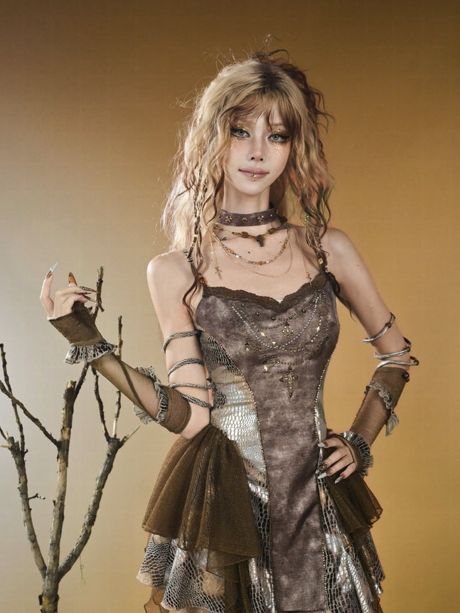 Punk Ruffles Pattern Brown Gloves Trim Wasteland Snakeskin