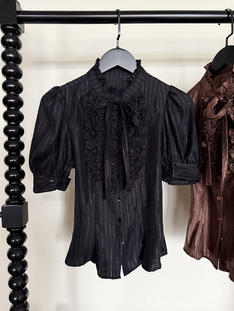 Black Ruffle Short Puff Sleeve Striped Lolita Blouse - Flower Fairy Daily