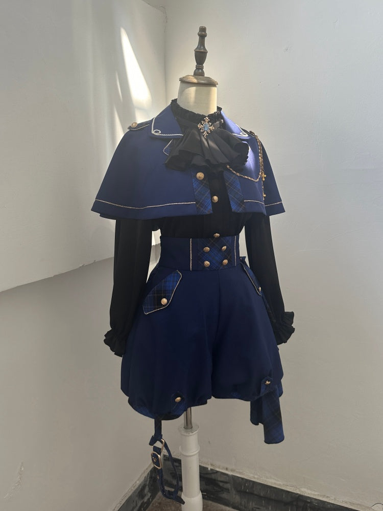 Schwarzes Ouji Lolita-Hemd mit Jabot-Kragen und Rüschenausschnitt und langen Ärmeln