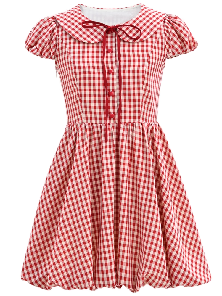 Skirt Plaid Sleeves Bubble Red Peter Pan Collar Puff Dress