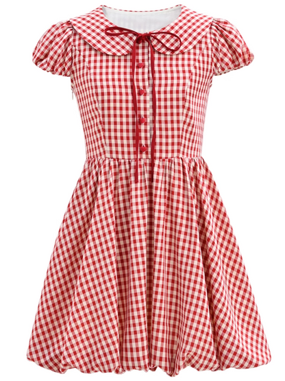 Skirt Plaid Sleeves Bubble Red Peter Pan Collar Puff Dress