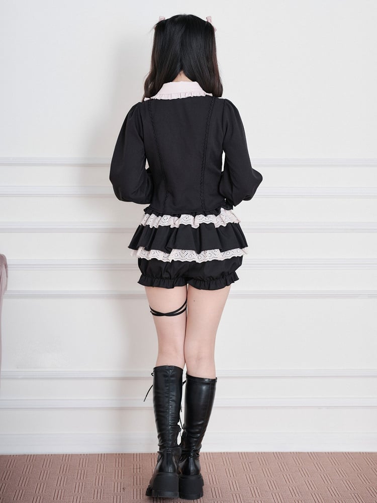 Black & Pink Jirai-Kei Peter Pan Collar Long-Sleeve Top, Double-Breasted & Ruffled - No Genki