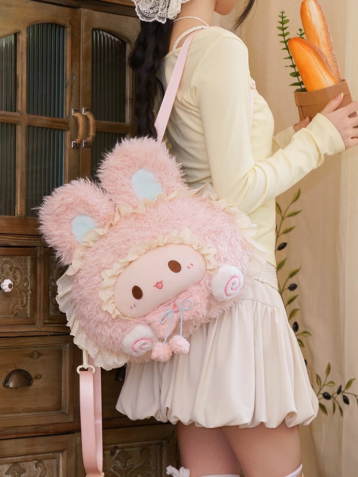 Backpack Plush Rabbit-shaped Trim Lace Pink