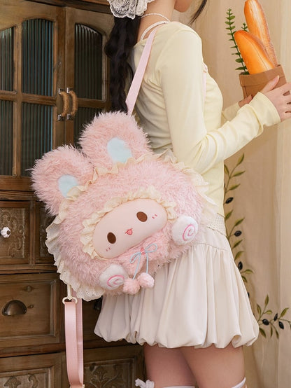 Backpack Plush Rabbit-shaped Trim Lace Pink