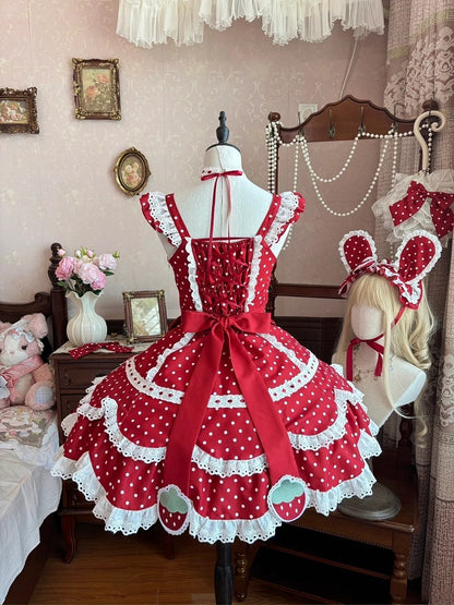 and Details Themed Lace JSK Dot Strawberry Lolita with Vintage Dress Bow Red Polka