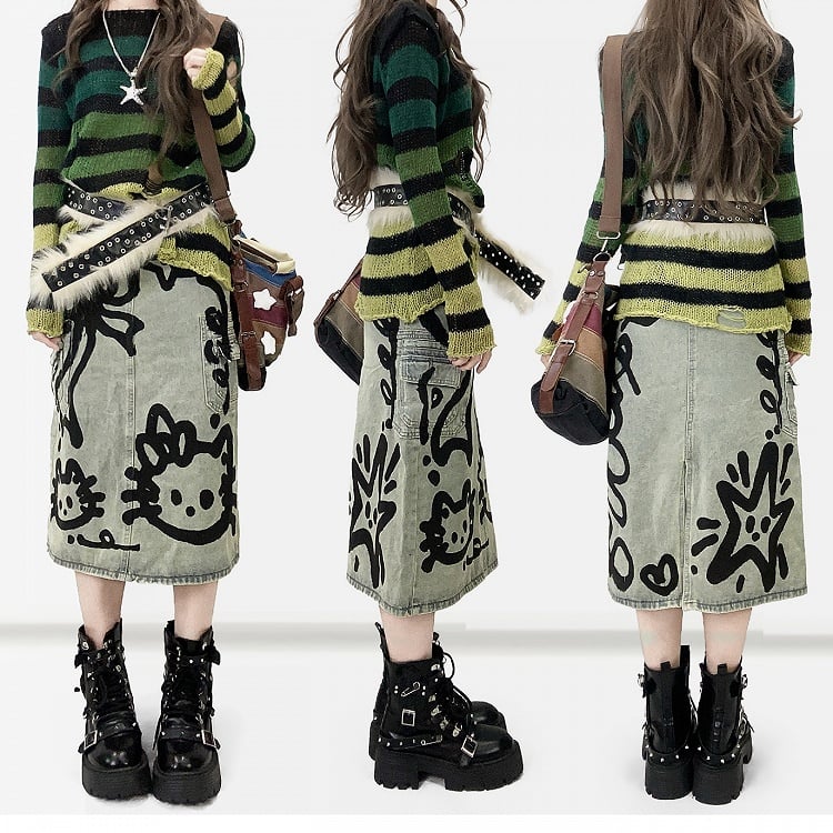 Y2K リボン付きキティスカート デニムプリント ブルー