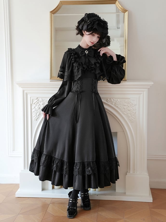 Neckline Lace-up Ruffle with Lolita Dress Shawl Detachable Waist Black Elegant