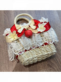 Red Beige Lace Hand Basket with 3D Apple Accent - A small milk candy