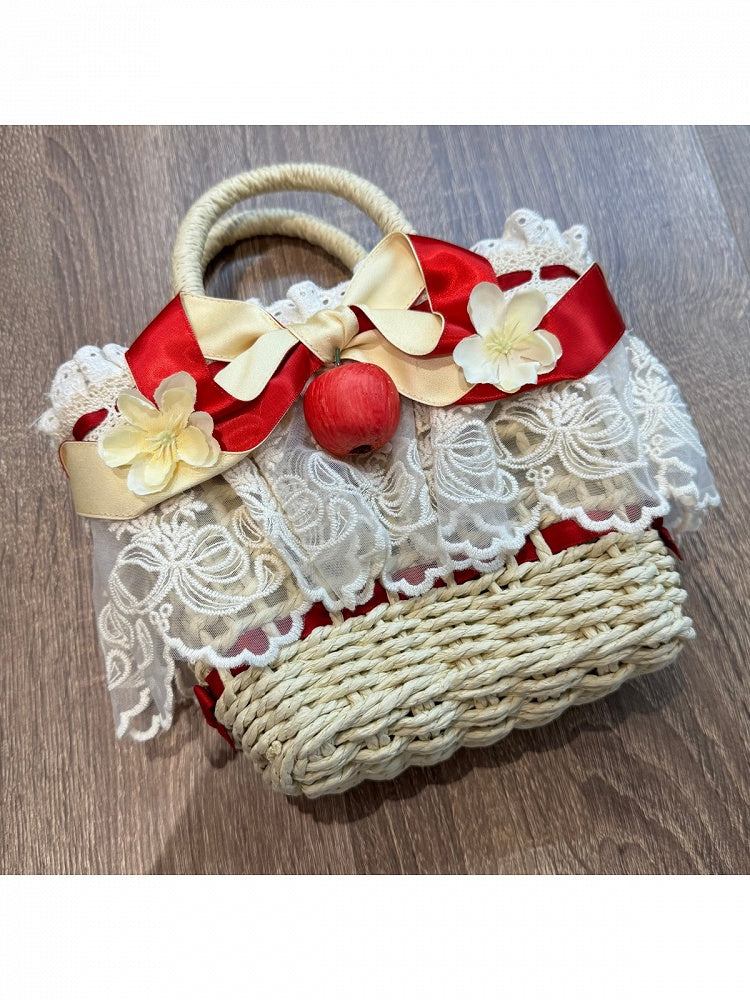 Red Beige Lace Hand Basket with 3D Apple Accent - A small milk candy