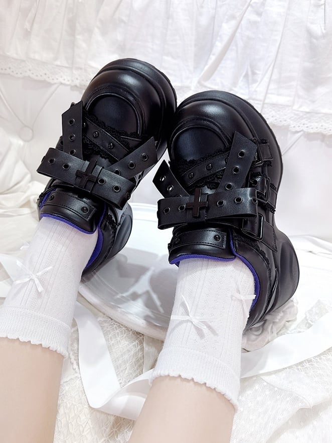 Kei - Black Lace Shoes PU Jirai Platform Trim