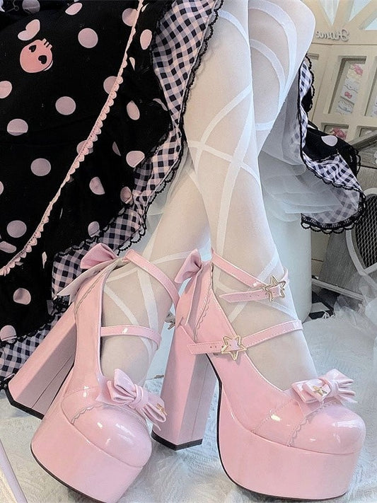 Star Bow Elegant Round-Toe Pink 12cm Snap Heels - Platform Height Lolita High with Details Heeled