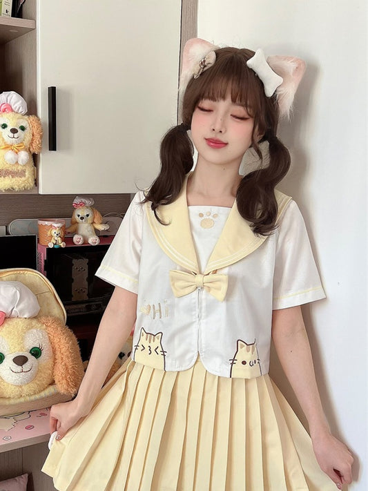Yellow & White Sailor Collar Kitty Embroidery JK Uniform Top