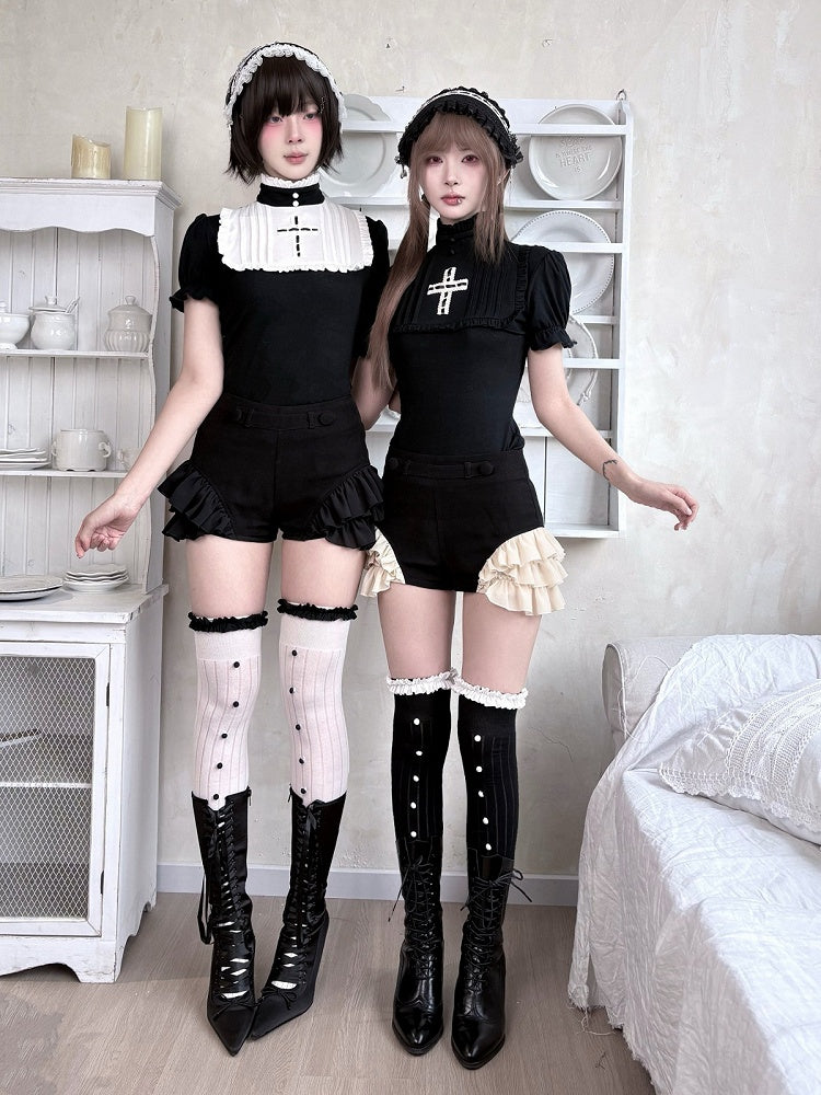 Gothic Cotton Over-the-Knee Stockings with Button Detail in White and Black - Damn Girl