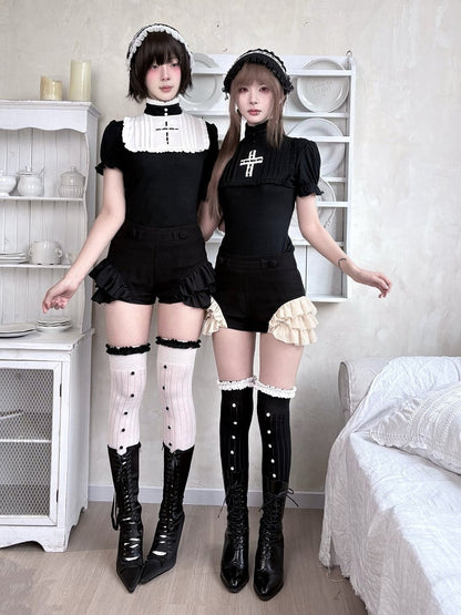 Gothic Black and White Cross-Decorated Ruffle Short Sleeve Top - Damn Girl