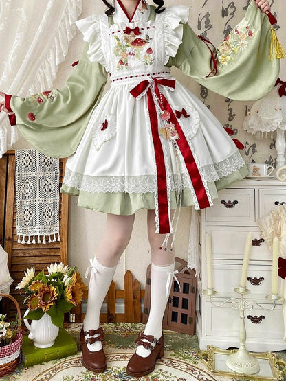 Neckline and Han Apron + Lolita Crossover Bunny Mushroom Green Embroidery OP