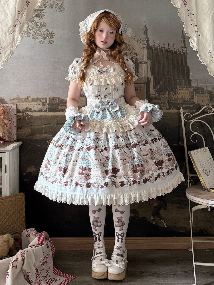 Teddy Sleeves and Short Sweet Lolita Dress White Cherry Print