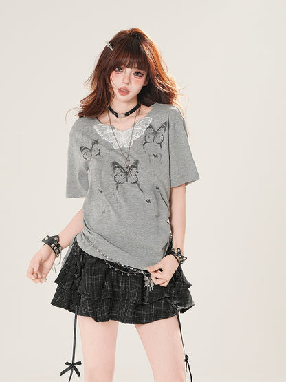 Print with Butterfly Grey T-Shirt