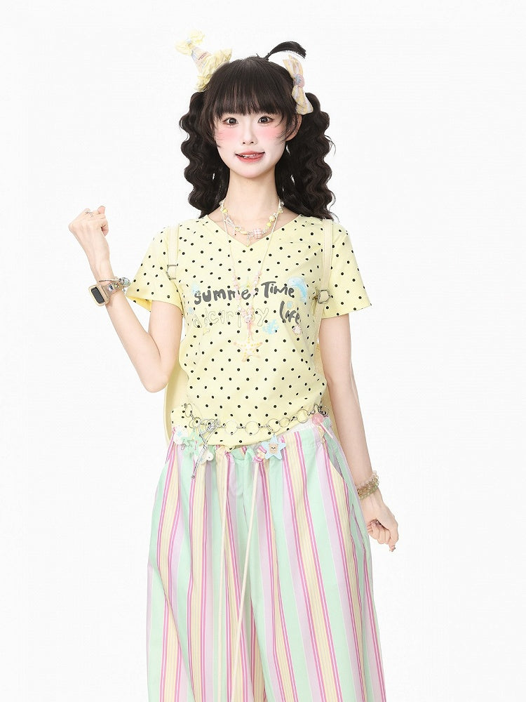 Yellow Summer Kawaii Letter Print V-Neck Short Sleeve T-Shirt with Starfish Necklace - Languid Park
