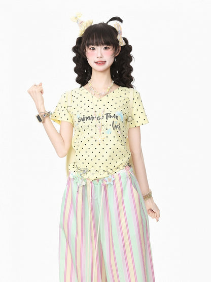 Yellow Summer Kawaii Letter Print V-Neck Short Sleeve T-Shirt with Starfish Necklace - Languid Park