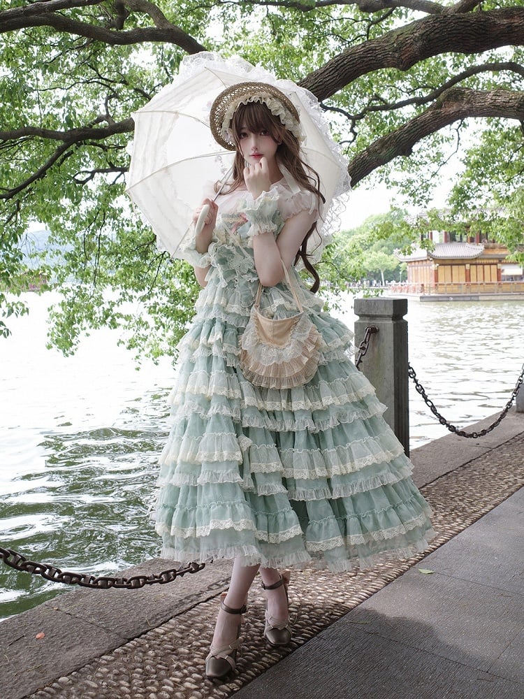 Goldfisch verstellbares Kleid und Grün mit Trägern Lolita Stickerei Rüsche mehrschichtig süß