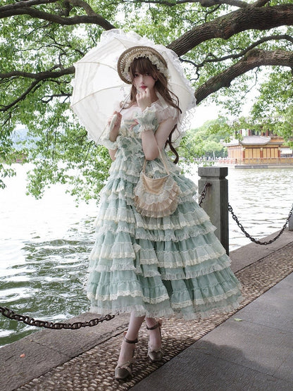 Goldfish Adjustable Dress and Green with Straps Lolita Embroidery Ruffle Multi-Layered Sweet